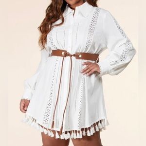 L’ATISTE White Detailed button down shirt dress with self tie faux leather belt